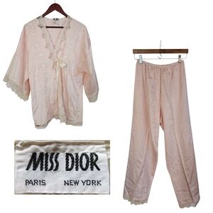 Vintage Miss Dior ILGWU Lingerie Pink Lace Wrap Top & Pants Lounge Sleep Set L